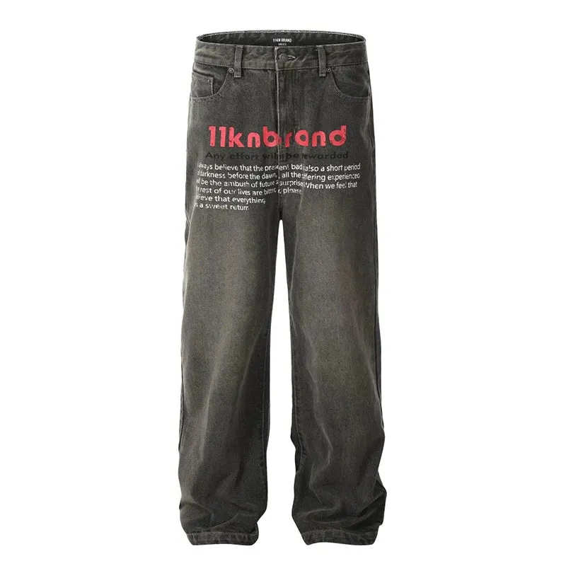 Wiaofellas  -  American Washed Niche Printed Men's Jeans Trendy Loose Design Straight Leg Pants Letter Design Male Trousers 24E1033